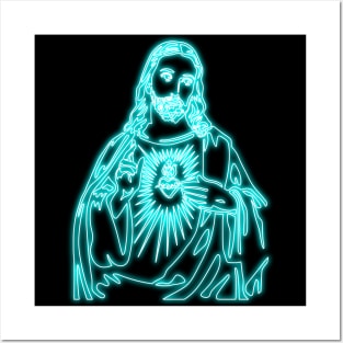 Sacred Heart of Jesus (blue neon) Posters and Art